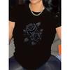 Women Black White Rose Print T-Shirt Crew Neck Short Sleeve Polyester Medium Stretch Elegant Casual Dining Floral Graphic Top