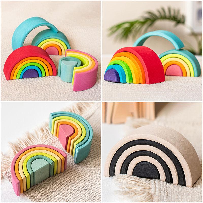 Montessori Mini Rainbow Building Block Stacking Game Kids Balance Sensory Toy Wooden Crafts Fine Motor Training Educational Toys