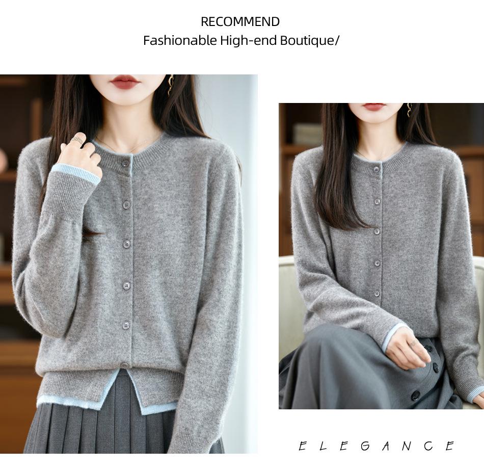 Women's Color Block Cashmere Wool Knit Cardigan Sweater - Loose Fit, Round Neck, Korean Style