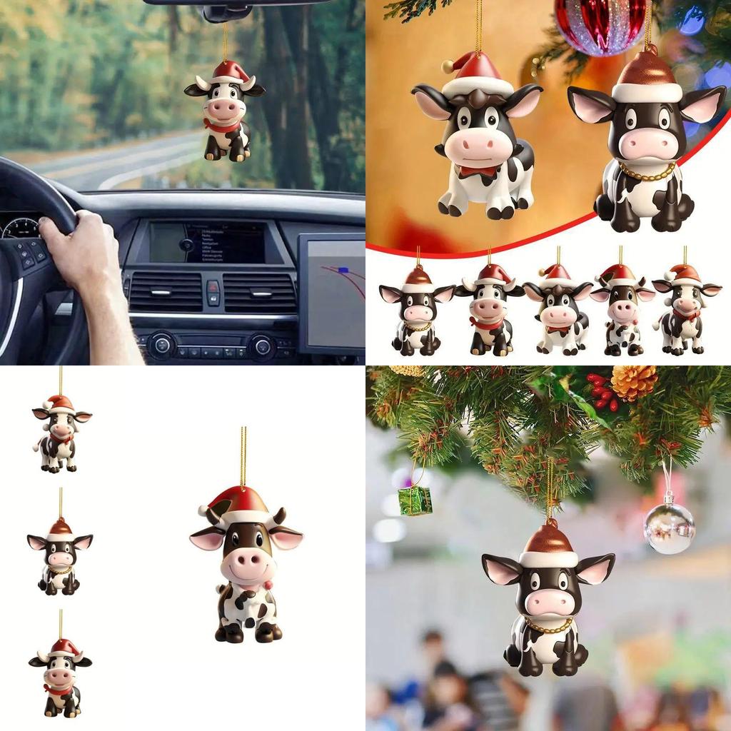 Adorable Acrylic Christmas Cow Pendant For Car Rearview Mirror Decoration
