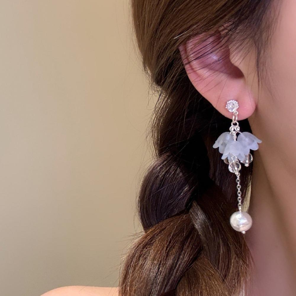 Sweet Romantic Frosted Crystal Bell Orchid Flower Imitation Pearl Long Chain Dangle Earrings for Women Temperament Jewelry Gifts