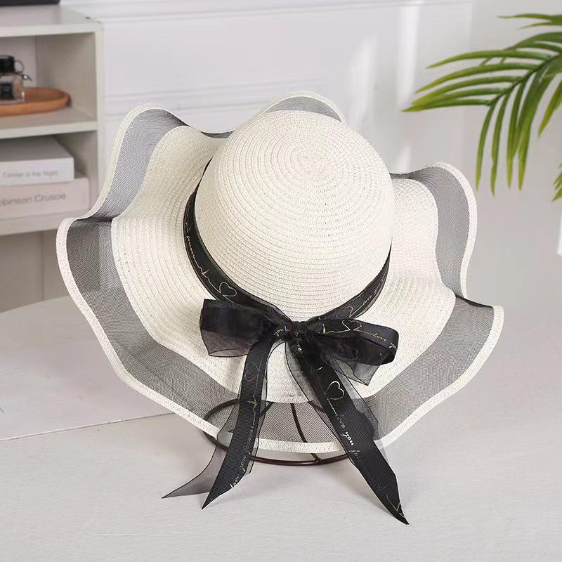 Fashion Flat-Topped Straw Hats Girls Wide Brim Sun Hat Outdoor Lace Bow Strap Lightweight Uv Protection Beach Cap