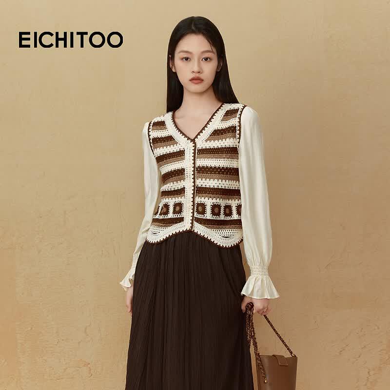 EICHITOO Women s Folk Style Knit Chiffon Patchwork Long-Sleeve Shirt S