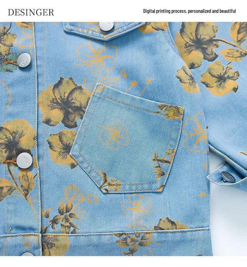 2025 Autumn Girls' Floral Denim Two-Piece Set – Trendy Wide-Leg Pants and Jacket