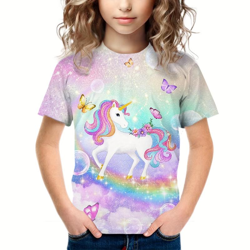 Children's Cartoon Unicorn Print Cute Tie Dye Multi-color T-shirts Girls Fashionable Soft Comfortable T-shirt
