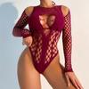 Sexy underwear hollow mesh hole transparent long-sleeved mesh sexy tight bikini onesie