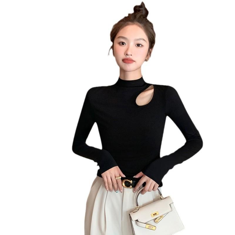 Semi-turtleneck Black Bottoming Shirt Autumn and Winter New Hollow Slim-fitting Long-sleeved Inner Top