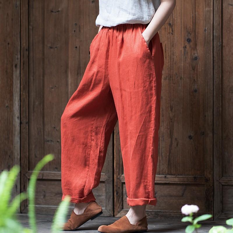

Johnature льняные брюки в китайском стиле, осенние женские винтажные свободные повседневные брюки с эластичным поясом