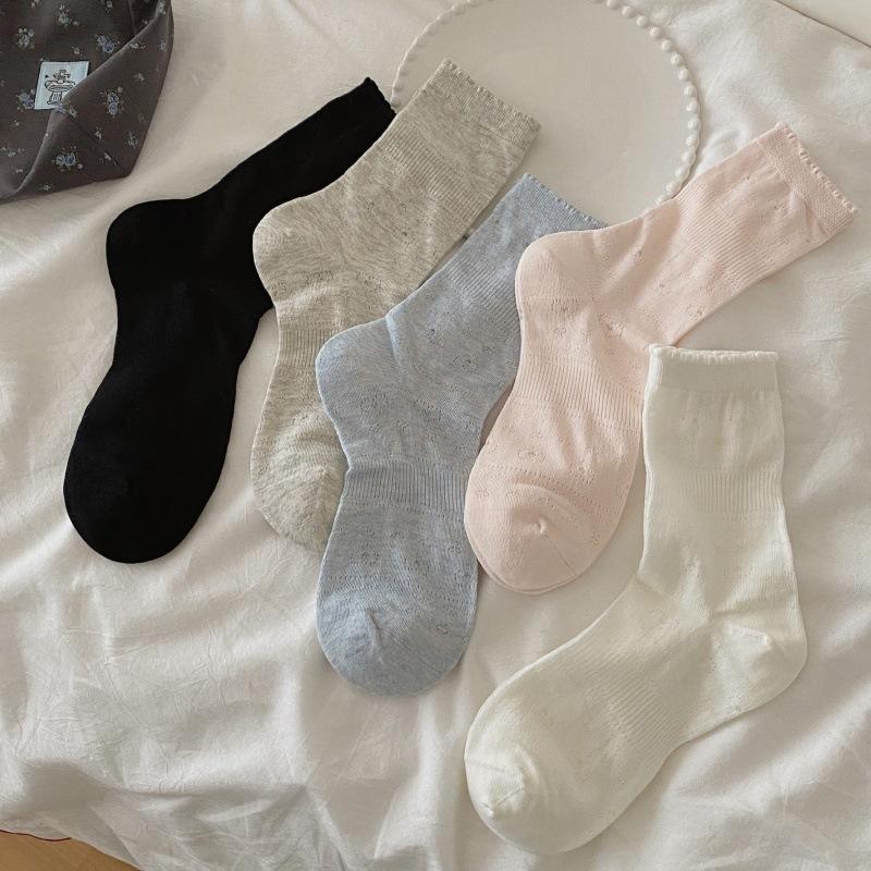 

Lady Summer Thin Hollow Love Bow Pure Color All Build In The Tube Stack Socks 1 pair