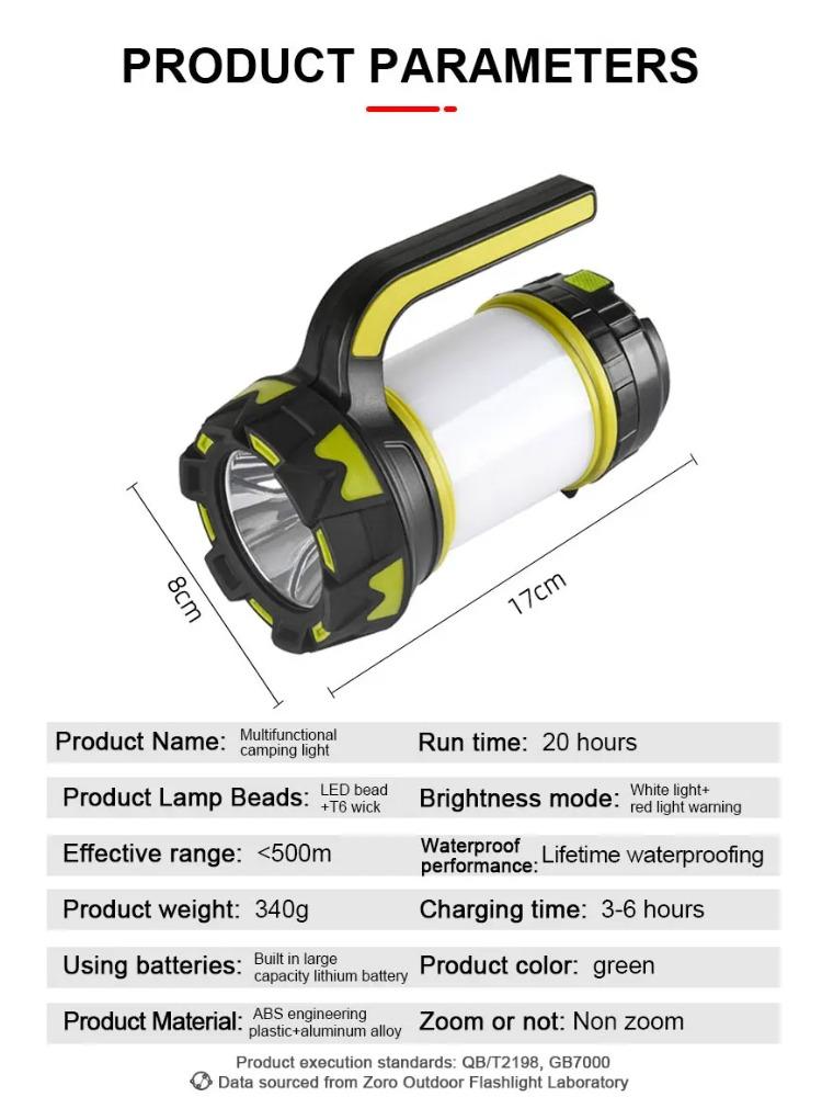 Portable Camping Lantern Lamp T6 Beads Flashlight USB Rechargeable Waterproof Emergency Outdoor Searchlight with COB Sidelight