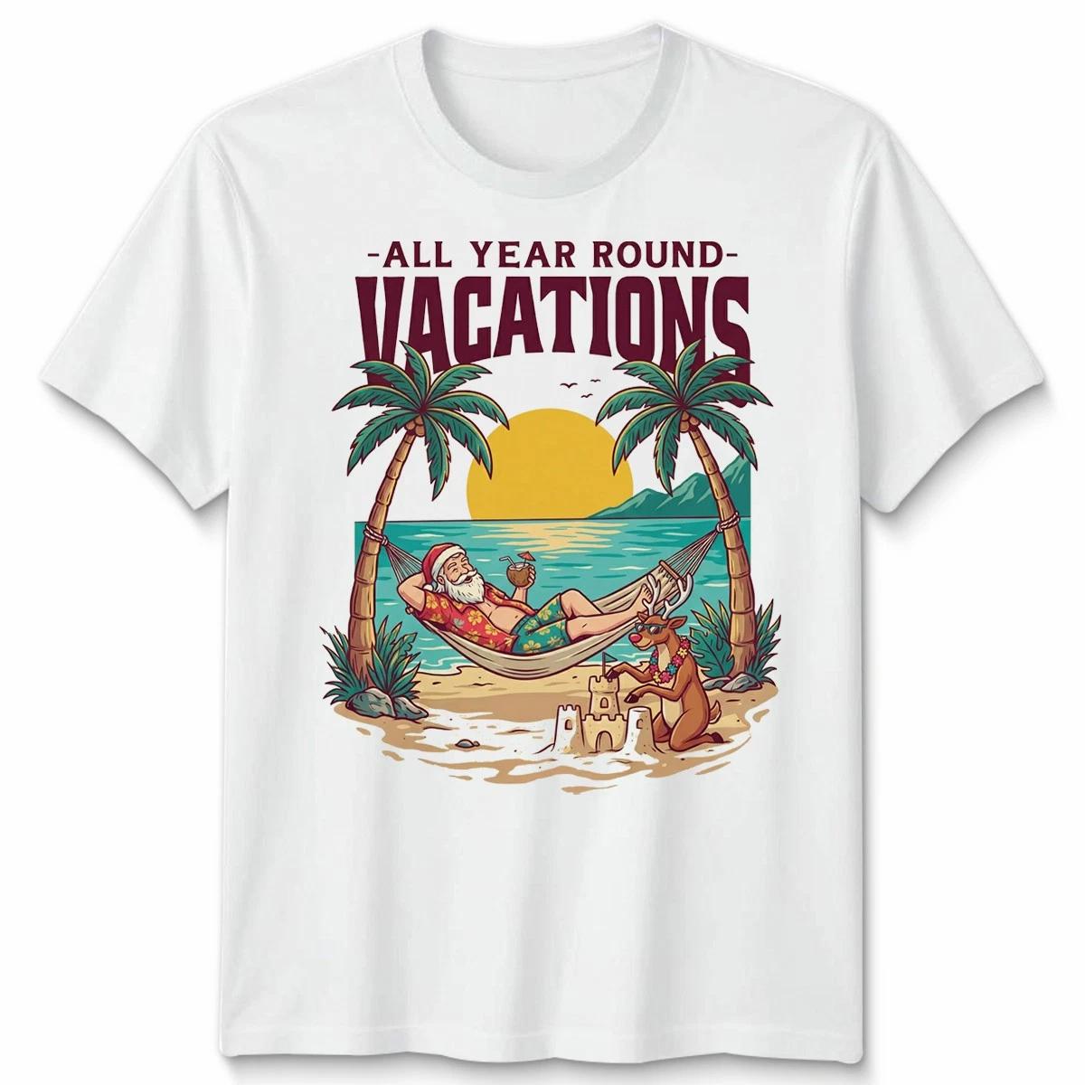 All Year Round Vacations Christmas Santa Reindeer Beach Graphic Unisex Tee 2XL