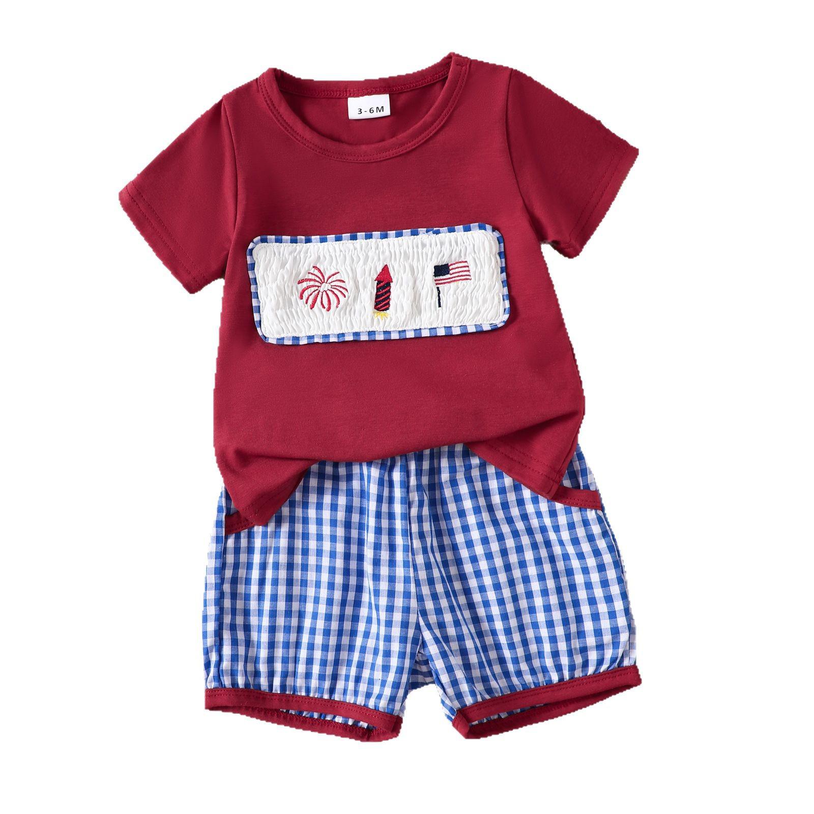 

2025 Summer European & American Boys Embroidered Tee and Plaid Shorts Set 3-6 Months
