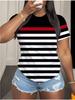 Women's Plus Size Classic Contrasting Striped Casual Round Neck Short Sleeved T-shirt