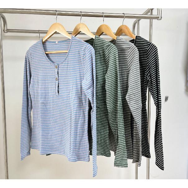 2024 Autumn/Winter New Round Neck Button Loose Long Sleeve Striped T-Shirt Top For Women