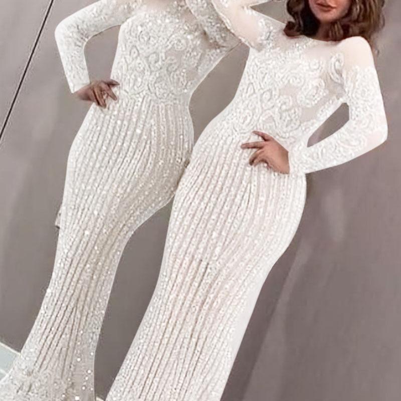 Kvinner Bryllup Brude Brudepiker Elegant Langermet Rund Hals Glitters Maxi Lang Kjole Fest Ballkjole