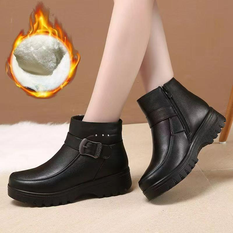 Modische Damenstiefel PU-Leder Stiefeletten Winter Plüsch Warm Schneestiefel Wasserdicht Rutschfest Schuhe Plateau Reißverschluss Baumwollschuhe