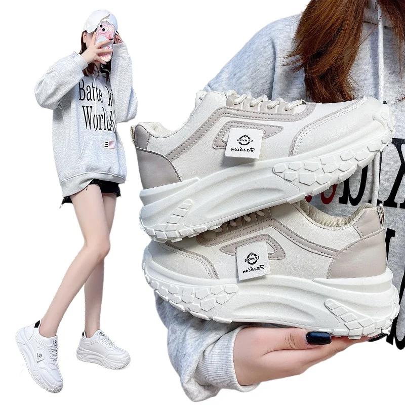 Fashion Black Khaki White Women's Fashion Casual Sneakes Lace Up Platform Hiker Vulcanized Shoes Versatile Increase Tennis Sneakes