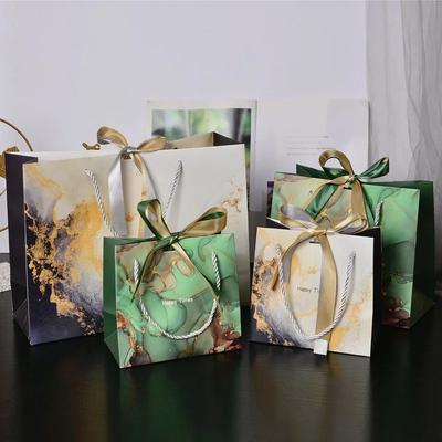 Large Marble Tote Bag with Green Gold Ribbon Bow Durable Storage Shopping Bag for Wedding Birthday Party Bridesmaid Gift Use