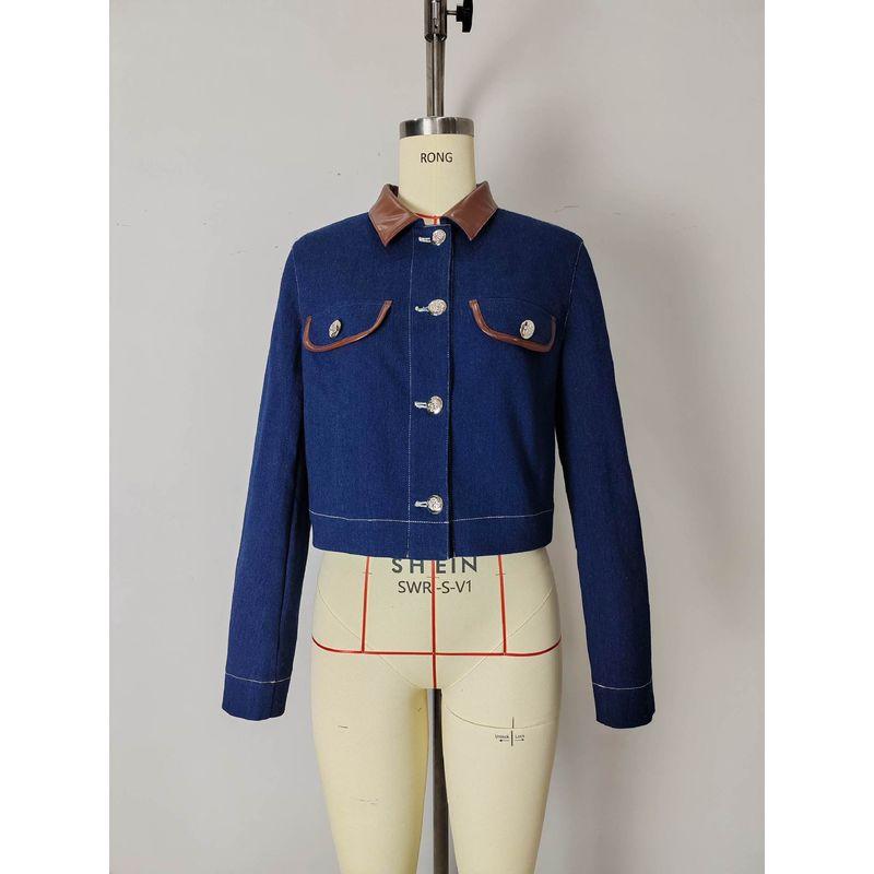 

Мода в западном стиле, украшенная пуговицами, с кожаной лоскутной отделкой воротника и кармана, темпераментное пальто из ткани, похожей на деним Dark Blue XL