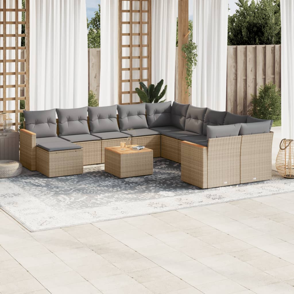 Vidaxl 12-Cz. Garden Furniture Set With Cushions, Beige, Poly Rattan