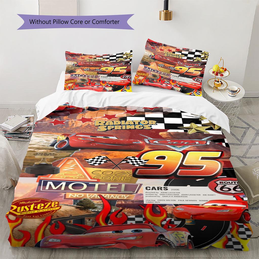 Dreiteiliges Bettwäsche-Set mit Cars-Cartoon-Print, bestehend aus Bettbezug und Kissenbezügen, weich und atmungsaktiv, Bettdecke nicht enthalten.