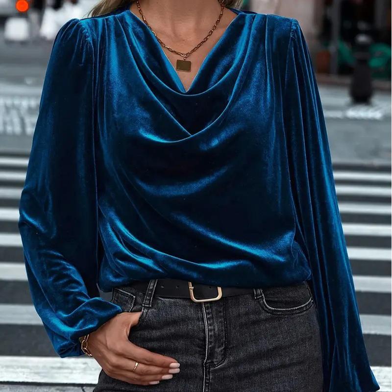 

Women s Cowl Neck Fleece Top Long Sleeve Soft Cozy Pullover Winter Loungewear Tunic 3XL темно-синього кольору