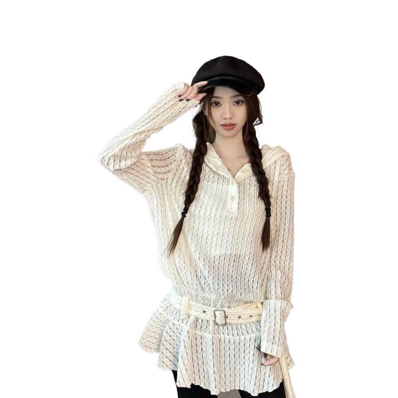Korean Lace Ruffle Hooded Sweatshirt Dress - Sheer Long Sleeve, Spring 2026