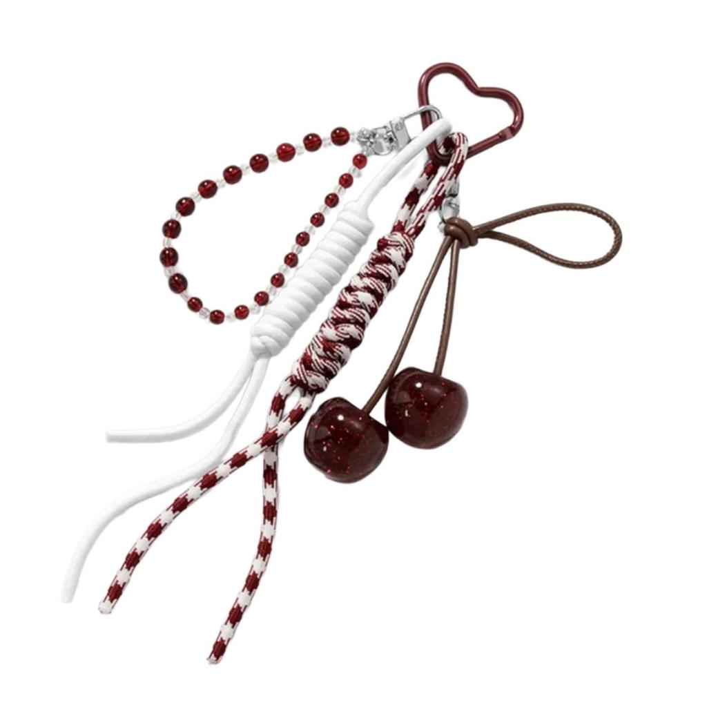 Fashionable Cherry Keychain For Daily Use Soft Braided Rope With Alloy Detail Bead Bag Charm Key Holder Bags Pendant