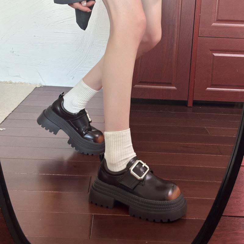 Platform British style square buckle small leather shoes women's versatile retro loafers round head commuter shoes