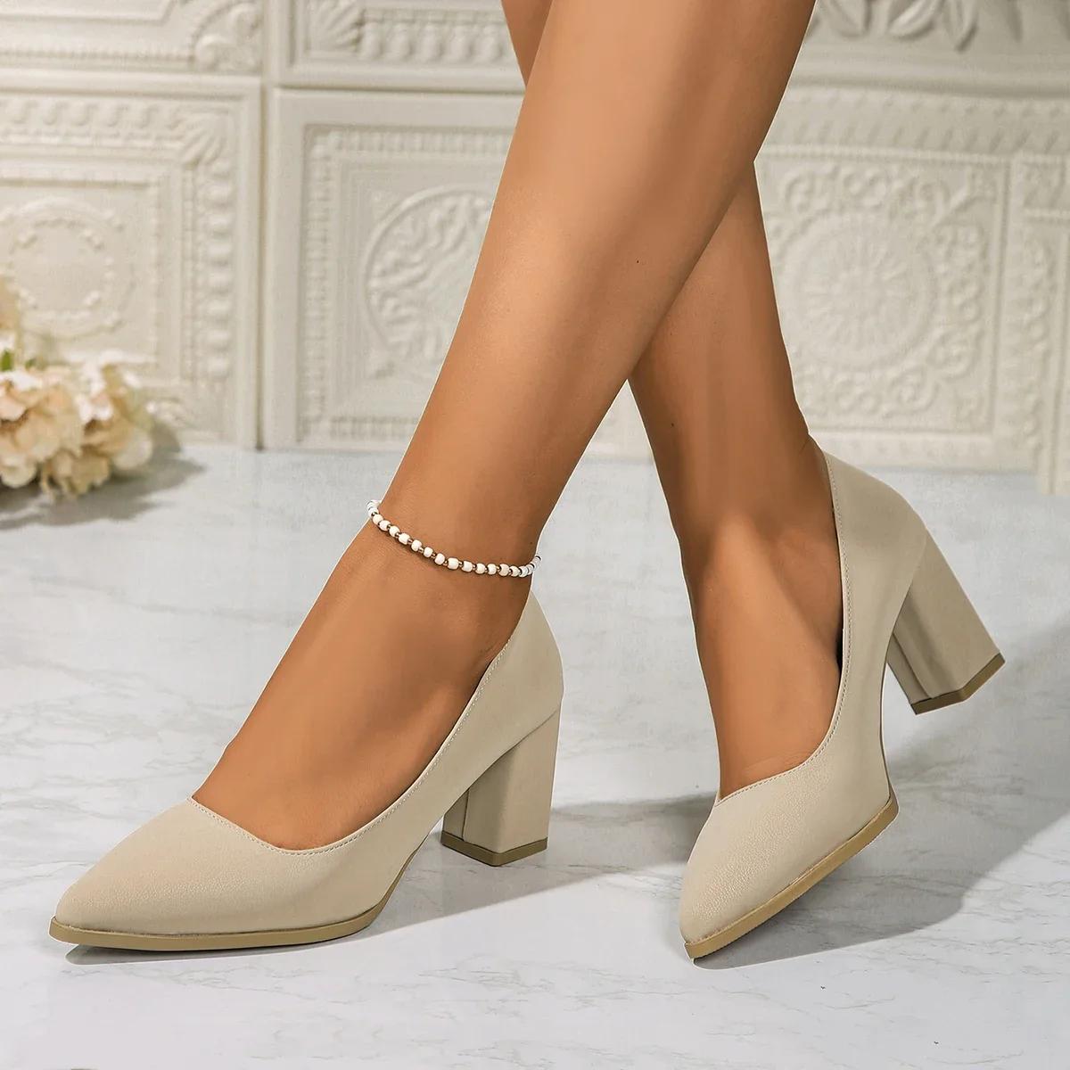 

Fashion 2025 New Chunky Heels Women Pumps Shoes Students And Mom Beige Suede Wedding Party Leisure Square Heels Designer Plus Size 34 абрикосовый