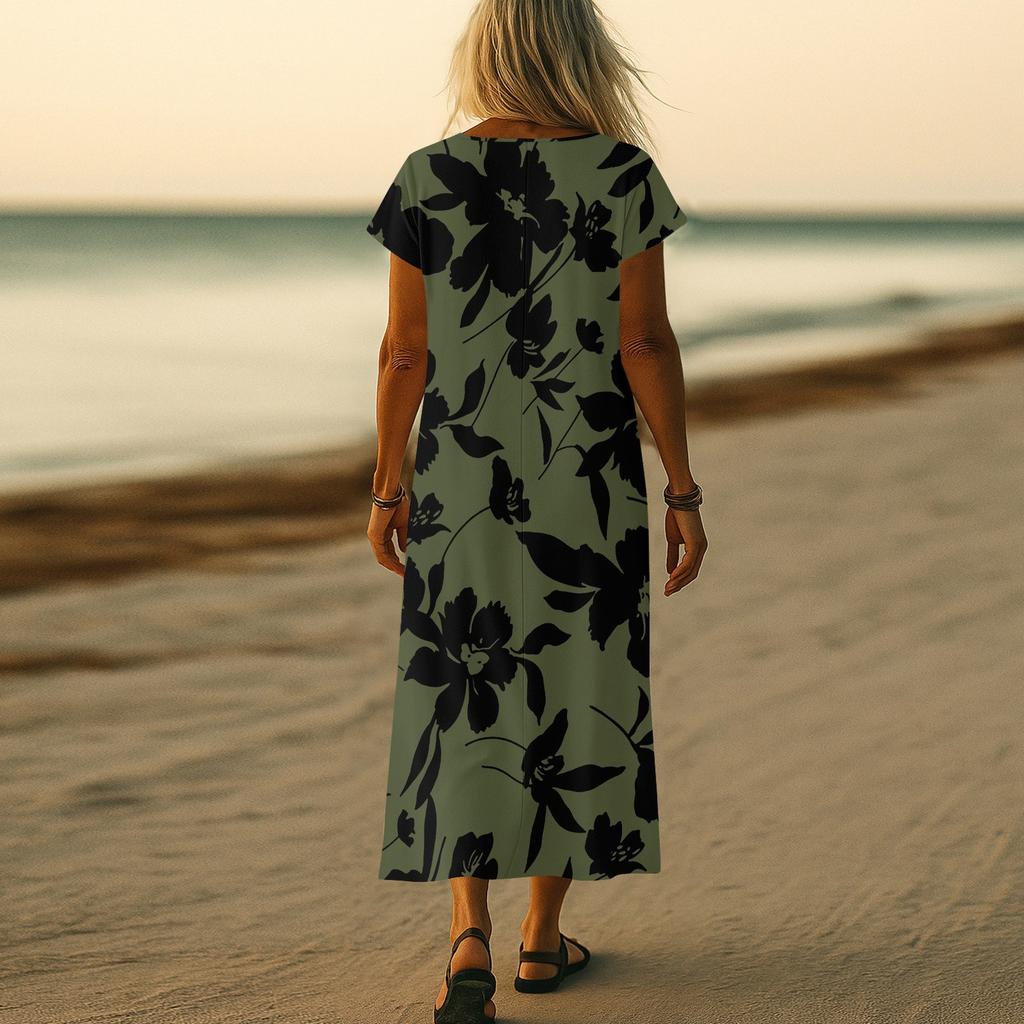 Summer Dress Women's Long Boho Beach Dress Elegant Maxi Dress V-Neck Short Sleeve Summer Tunic Dress Light Airy