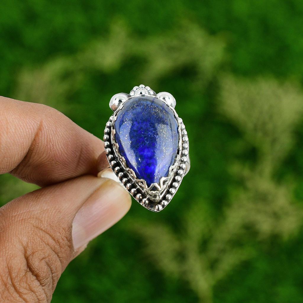 Natural Lapis Lazuli Gemstone 925 Silver Statement Adjustable Ring For Women