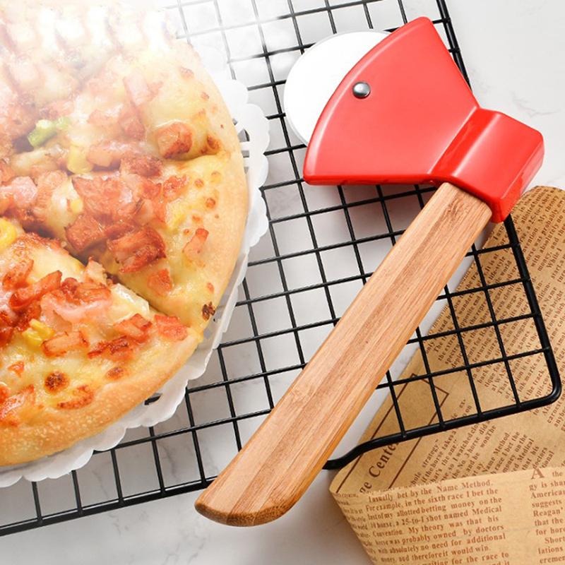 1Pc Axe Bamboo Handle Pizza Cutter Rotating Blade Home Kitchen Cutting ...