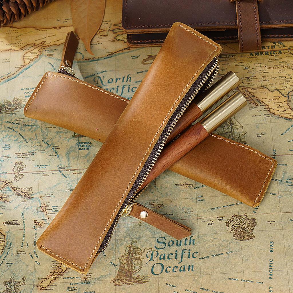 AIGUONIU Genuine Vintage Crazy Horse Leather Zipper Pen Pouch Retro Style Creative School Stationery Pencil Bag