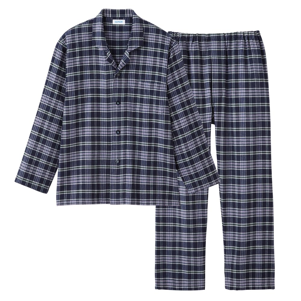 Gunze Nahtlose Seite Langarmhose Gefärbtes Marineblau Herrenpyjama, (Frontöffnung), 100% Baumwolle, Flanell, (SF4093)