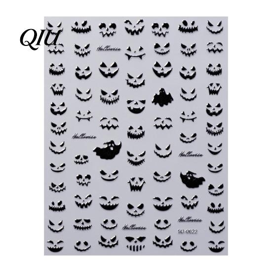 Self Adhesive Nail Decorations Halloween Art Stickers, 3D Embossed Skeleton Hand Pumpkin Bat DIY Home Manicure Tools Black Decals,