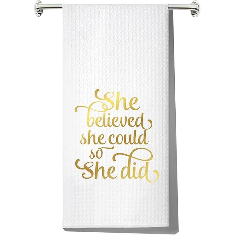 LEVLO Inspirational Kitchen Towel Motivational Friendship Graduation Gift She Believed She Could So She Did Tea Towels Housewarming Gift (She She Believed