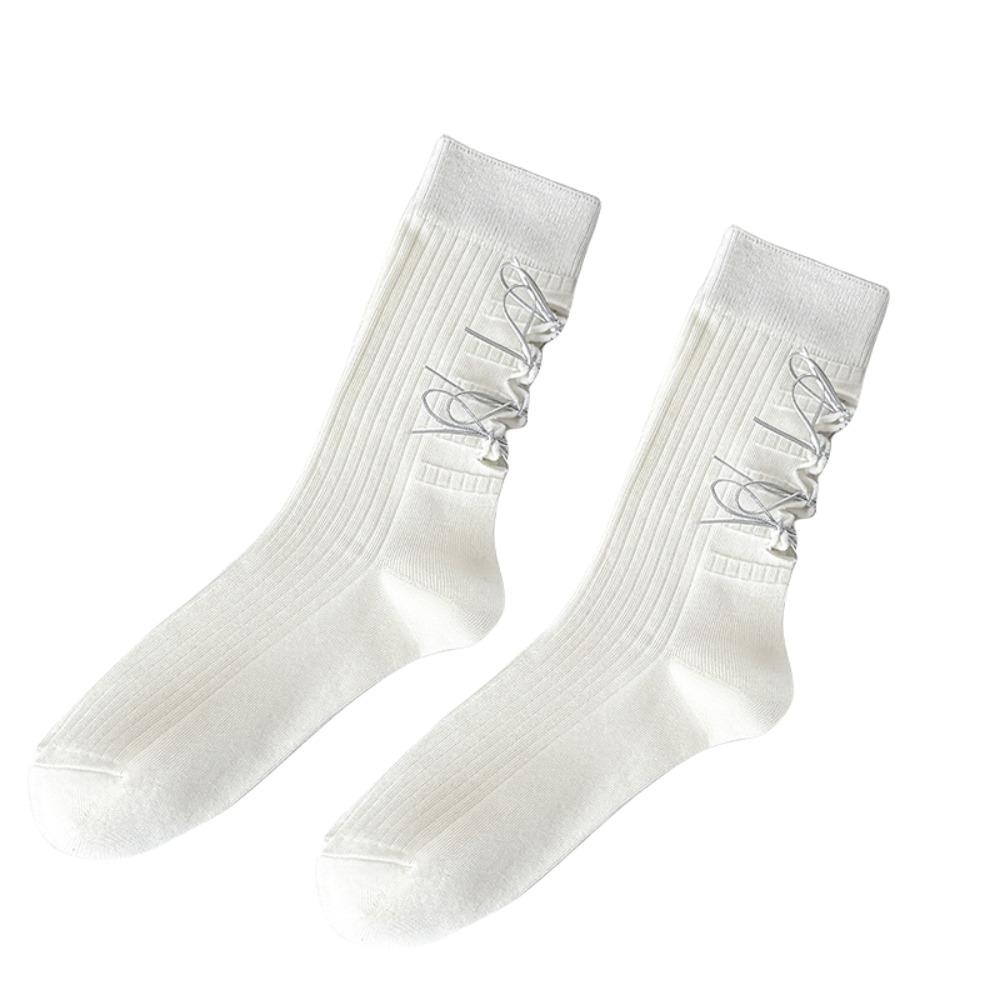 Ballet Style Mid Calf Socks Solid Color Ripped Lacing Socks Cotton Socks for Women  Student