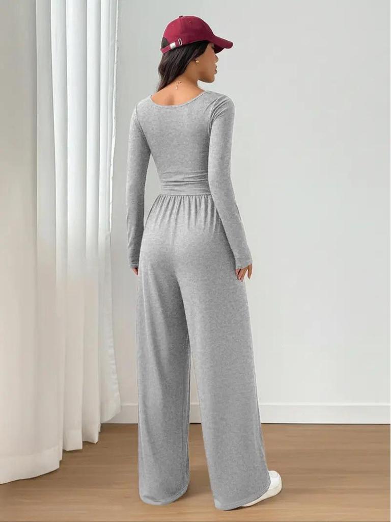 New Style Long Sleeve Women's Casual Wide Leg Solid Color Slimming Jumpsuit