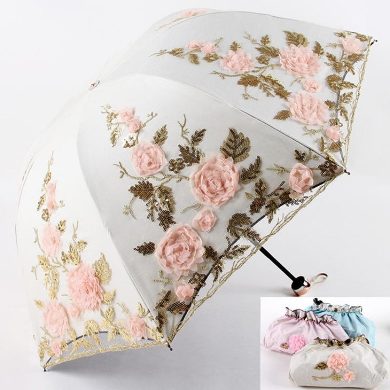 

Зонт от солнца женский, с защитой от ультрафиолета, кружевной зонтик с вышивкой, тройной зонтик с вышивкой, виниловый, принцесса, солнечный свет, дождь