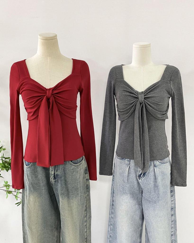 Autumn/Winter 2025 French Pure Desire V-neck Lace-up Slim-fit Brushed Base Layer Top for Women