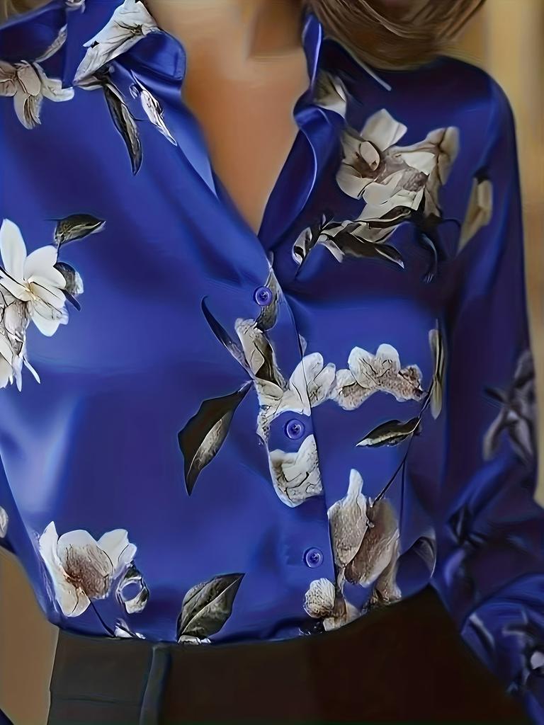 Lady's Elegant Shirt - High-end long-sleeved floral print shirt, suitable for office and formal occasions - Machine washable top