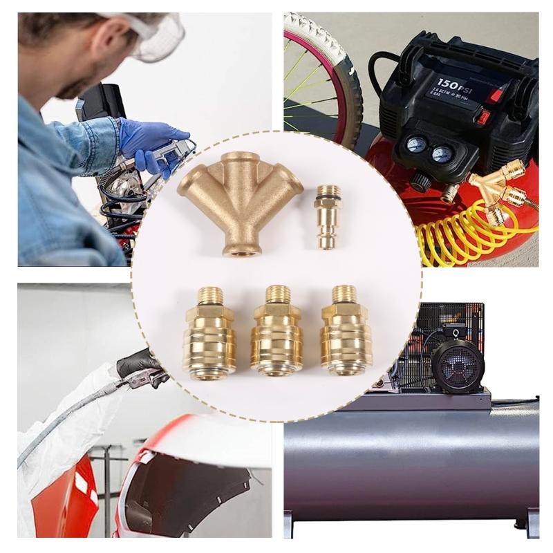 Upgraded Compressed Air Distributor 3-Way with Couplings 1/4Inch Air Hose Quick Coupling Distributor Brass Compresser