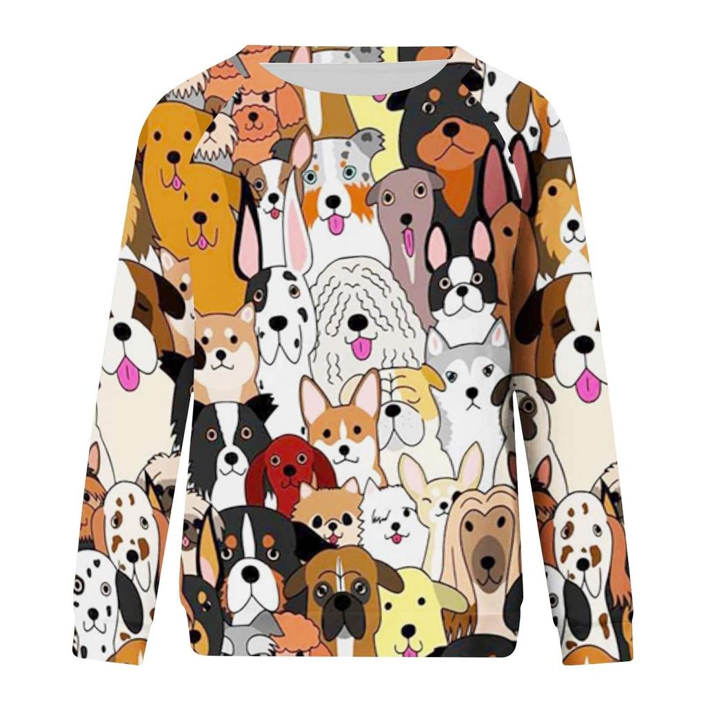Ladies Casual Fashion Print Long Sleeve Round Neck Pullover T-Shirt Top