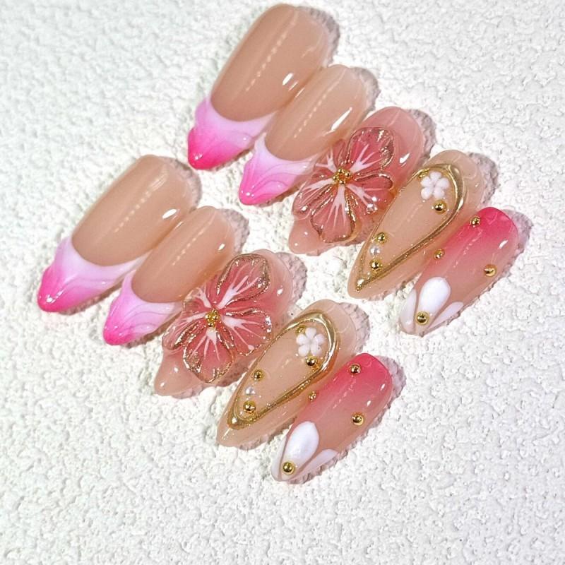 3D Dopamine Floral Carved Press-On Nails Handmade Acrylic Nail Tips Women Men Teens Short Medium Long Styles