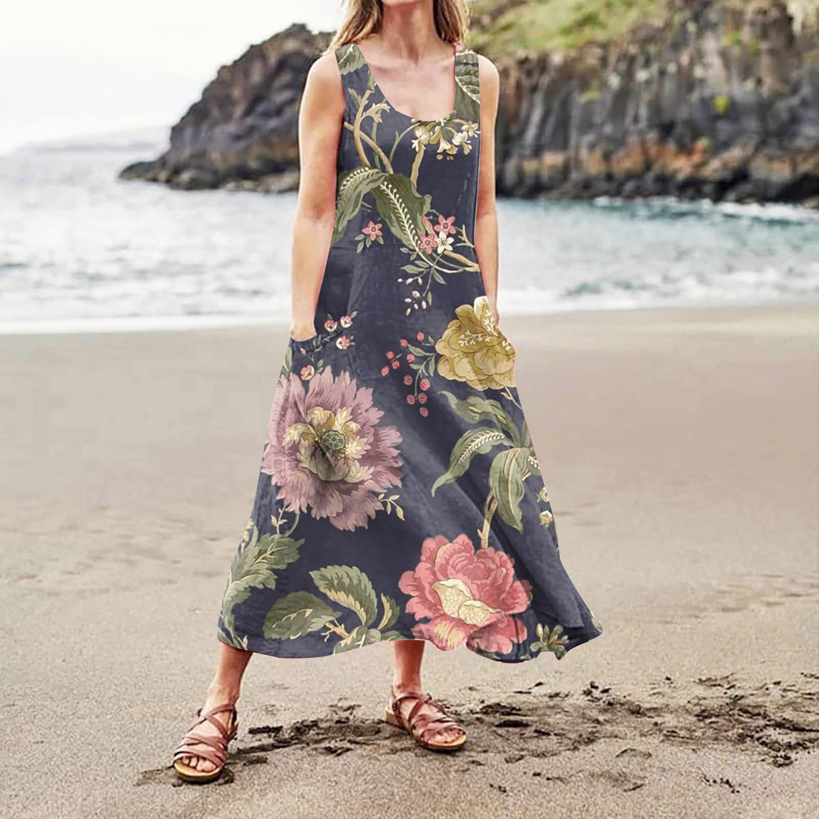 

Женское повседневное удобное хлопковое карманное платье без рукавов с градиентным принтом XL синий