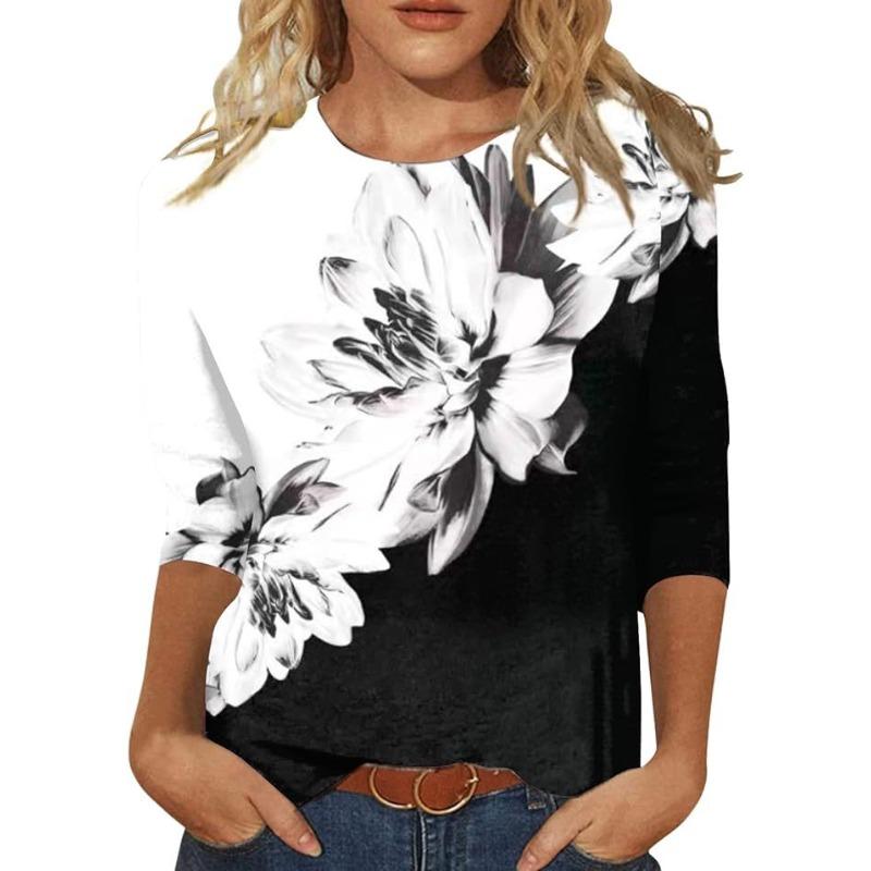 Fashionable Women's Flower Print Short Sleeves Simple Top Soft Top T-Shirts Women’s