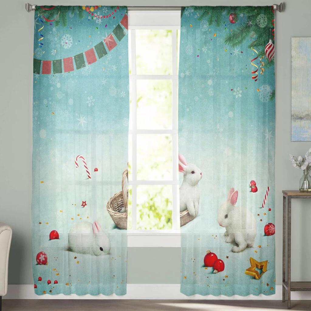Rabbit Snowflake Cute Tulle Window Curtain for Livingroom Printed Sheer Curtain Home Decor Window Panels Chiffon Drapes