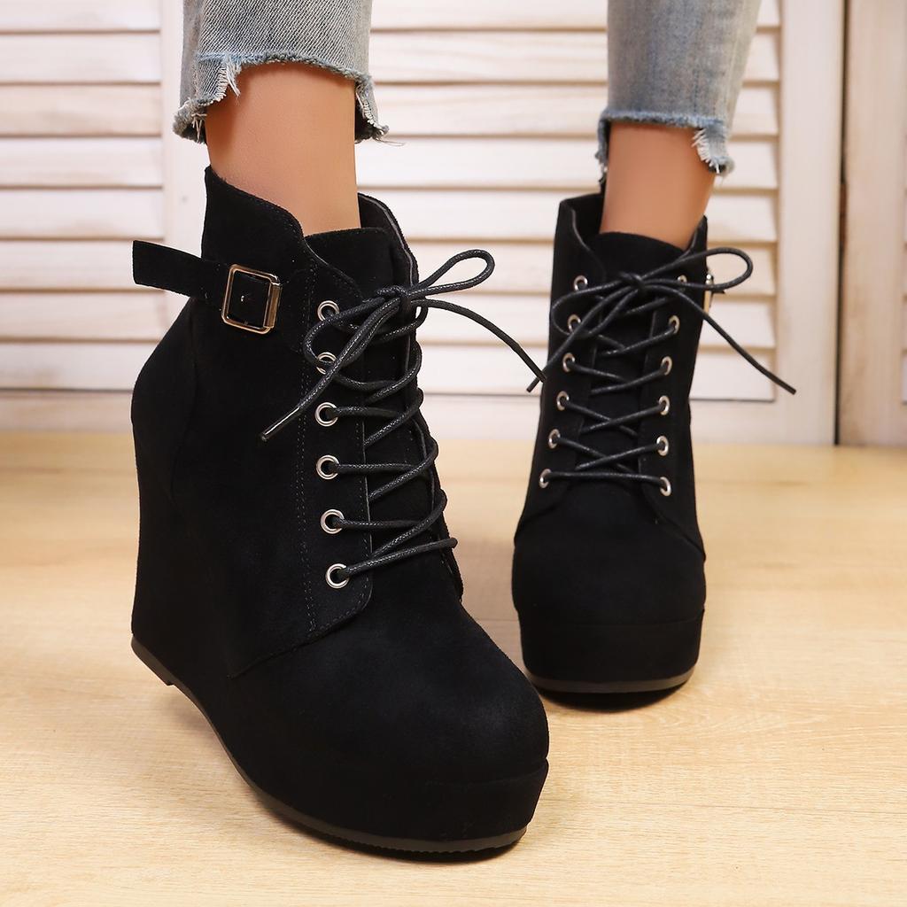 Autumn New Large Size Round Head Wedge Heel Velvet Warm Lace-up Short Boots European and American Thick-soled Boots