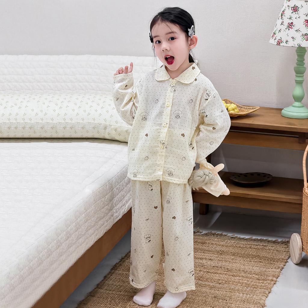 Spring And Summer New Children'S Gauze Pajamas Boys And Girls Printed Long-Sleeved Trousers Loungewear Set Loose And Thin